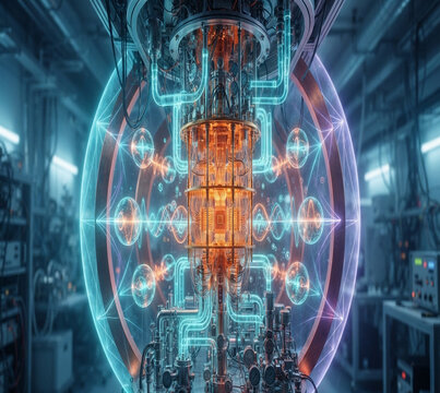 Quantum computer glows cyan cryogenic with orange qubit processors