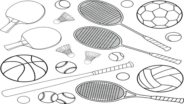 Sports equipment outline set including tennis rackets, ping pong paddles, baseball bat, soccer ball, basketball, volleyball, shuttlecocks, 