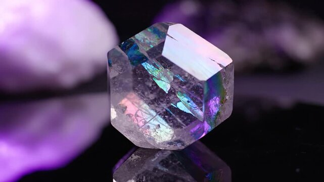 Close-up of a multifaceted iridescent crystal block showing internal rainbow reflections and spectral colors, positioned on a dark polished surface with soft purple lighting.