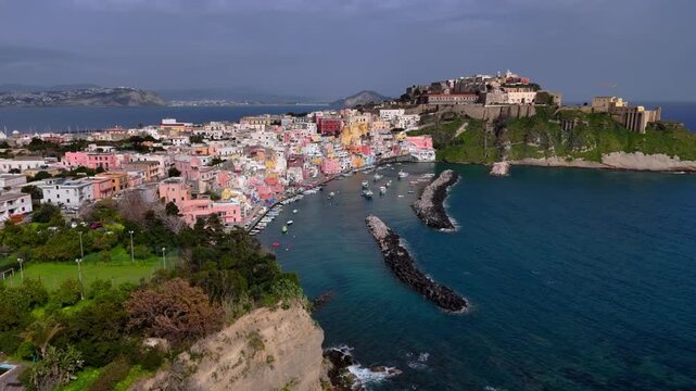 Aerial Drone View of Procida Island Harbor and Colorful Coastal Town, Italy