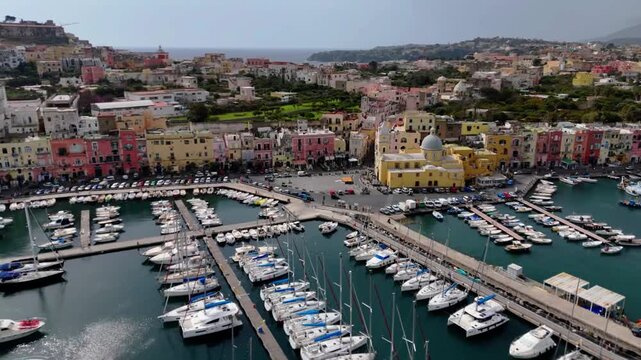Aerial Drone View of Marina Corricella Harbor on Procida Island, Italy