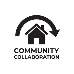 Fototapeta premium Vector logo design featuring a house silhouette, curved arrow, and community collaboration text
