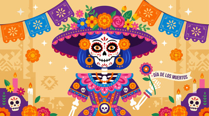 Fototapeta premium Colorful Catrina sugar skull wearing a wide purple flower hat, surrounded by marigolds, candles and papel picado banners with Dia de los Muertos text, festive holiday design.