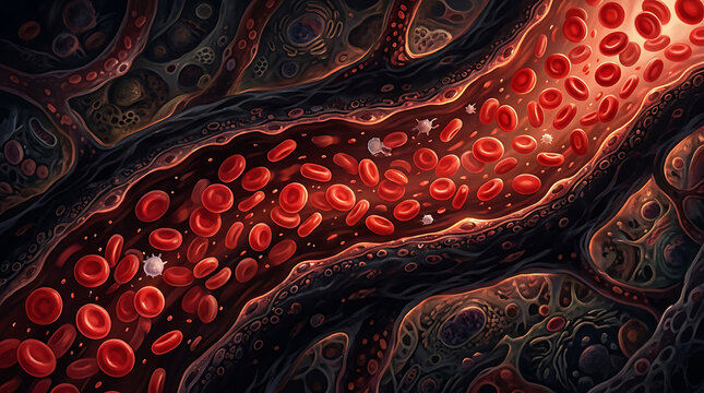 Microscopic view of blood flow showing red blood cells navigating through blood vessels with detailed cellular structures and
