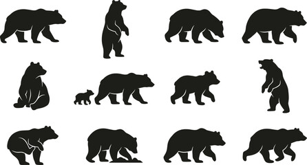 Bear Silhouette Vector Set Featuring Grizzly Bears Walking Standing and Cub Poses © its