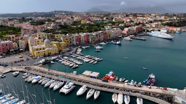 Summer Aerial Drone View of Procida Island, Italy Mediterranean Vacation Destination