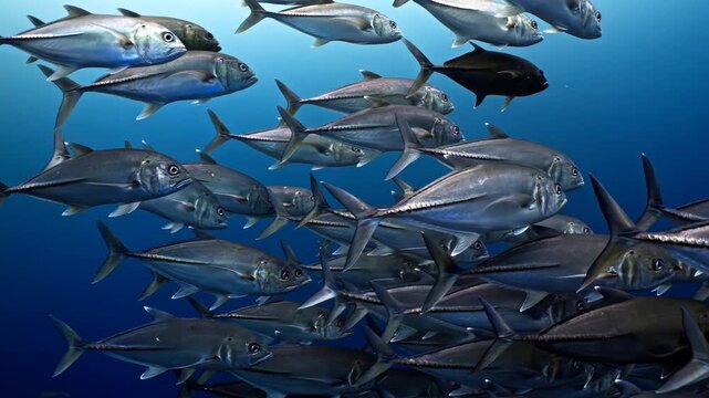 Large school of silver fish swimming in formation in blue ocean