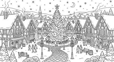 Obraz premium Christmas village square coloring page with decorated tree and traditional timber framed houses in a snowy winter town scene