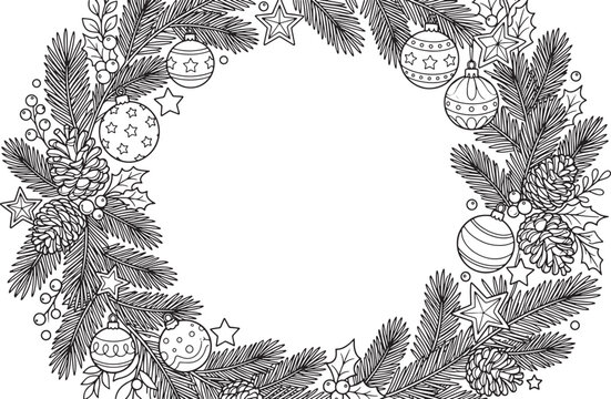 Hand drawn Christmas wreath frame with pine branches pinecones holly berries and decorative ornaments for holiday season greeting cards