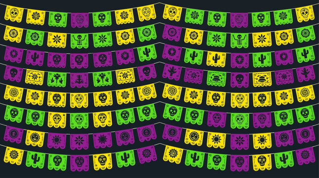Seamless repeating pattern of colorful papel picado banners featuring sugar skulls, flowers, cactus and sun motifs in purple, yellow and green on a dark background.