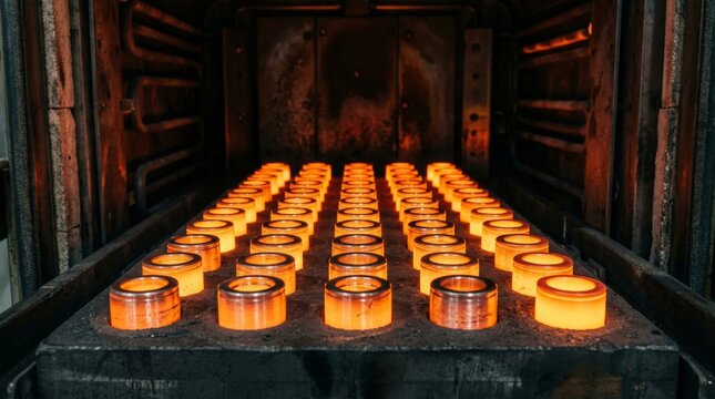 Industrial heat treatment of metal rings in a furnace.