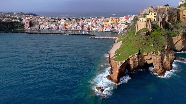 Aerial Drone View of Harbor and Boats on Procida Island, Italy