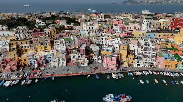 Aerial Drone View of Procida Island Mediterranean Coastal Town, Italy