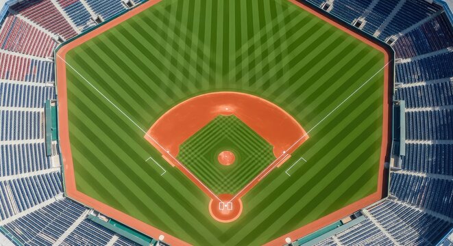 An overhead view of a symmetrical sports diamond with green turf, white boundary lines, red soil paths, and rows of surrounding seats, clay, zone, competition