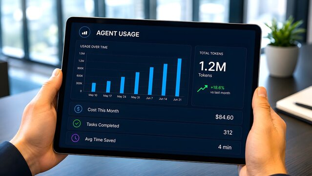 Automation usage dashboard showing token totals and activity charts