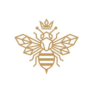 Golden geometric bee logo with crown in line art.