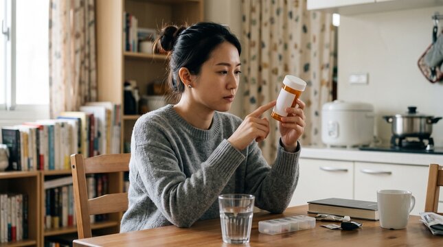 Young woman reading a prescription pill bottle label while sitting at a kitchen table with a glass of water