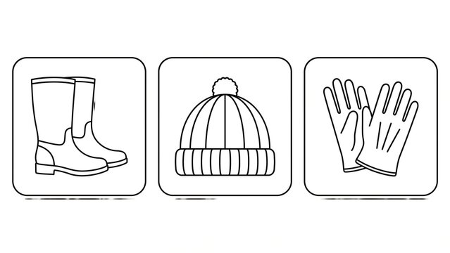 Winter Apparel Line Art Icons Rain Boots Beanie Hat and Gloves Set