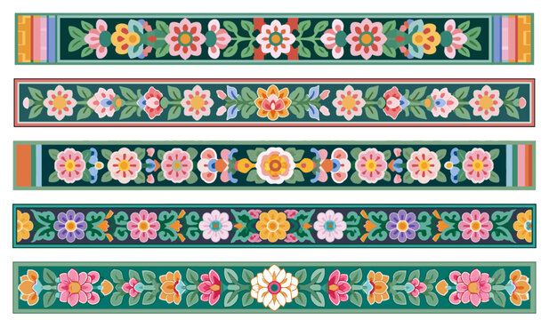 Premium Korean traditional dancheong and floral seamless border pattern set