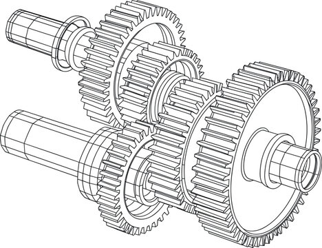 Mechanical gear shaft blueprint vector, automotive transmission mechanism outline illustration for industrial engineering design