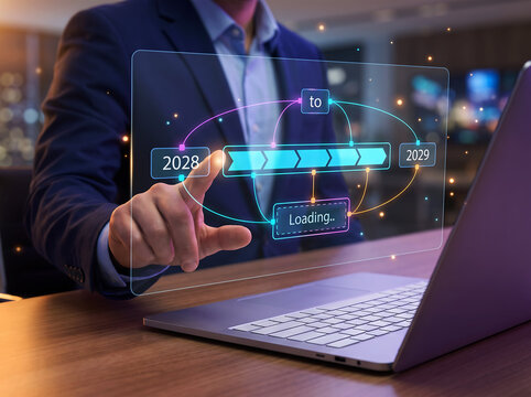 Businessman touching futuristic screen displaying loading progress bar connecting years 2028 and 2029.