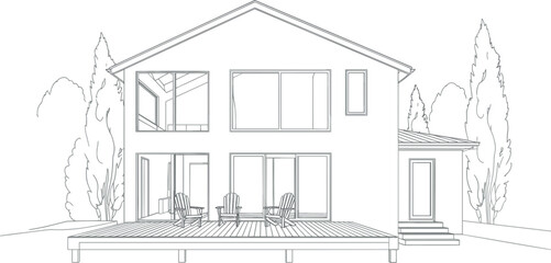 Obraz premium Modern villa sketch vector, family house facade with patio deck outline illustration for architecture
