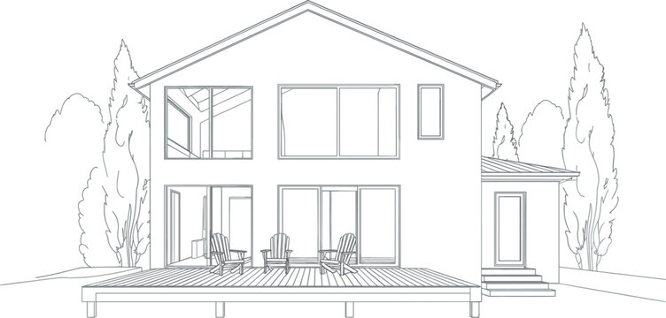 Modern villa sketch vector, family house facade with patio deck outline illustration for architecture
