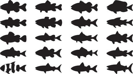 Fototapeta premium Array of black silhouette of different fish and shark shapes on a white background