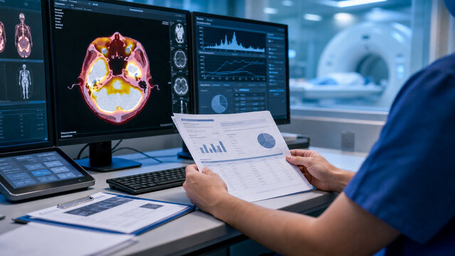 Generative AI medical workflow image of radiation dose report review in a modern control room. Faceless radiology staff use diagnostic imaging technology in a professional healthcare setting.