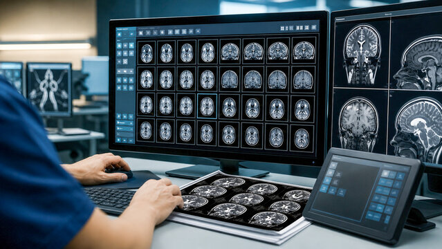 Generative AI medical workflow image of medical study thumbnail organization in a modern reading room. Faceless radiology staff use diagnostic imaging technology in a professional healthcare setting.