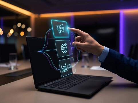 Digital marketing strategy with target audience, advertising, and growth analytics displayed on futuristic interface.