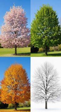 Four quadrants showing one tree changing through spring blossoms, summer greenery, autumn gold leaves, and winter snow on bare branches, deciduous, ice, green