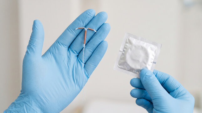 Close-up of hands in medical gloves holding an intrauterine device and condom for contraception choice