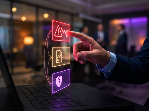 Business compliance risk assessment and documentation analysis with warning alert on futuristic interface.