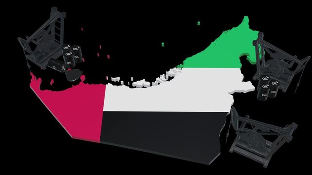 3D Oil Pump Jacks and Barrels on United Arab Emirates (UAE) Map Flag &ndash; Energy Industry and Petroleum Production	
