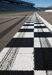 Fototapeta premium Ground level view of a checkered stripe painted across a professional speedway, focusing on the rough texture of the paved surface, path, destination, motor