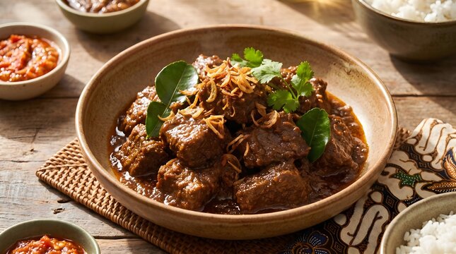 Authentic Indonesian beef rendang served in a bowl with rice, sambal, and fried shallots on a wooden table.