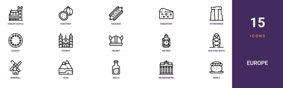 Set of 15 outline web Europe icons such as semla, brandenburg gate, orujo, alps, windmill, isolated on white background. Illustration from europe collection.., big ben vector icons for report,