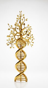 Intricate golden DNA tree sculpture with a metallic texture and flowing branches, showcased as an artistic piece against a bright backdrop, biotech, growth, evolution