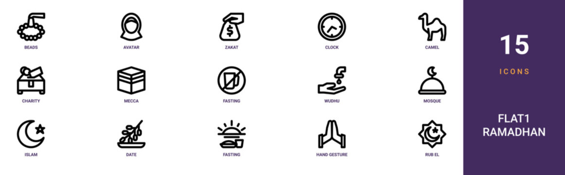 Set of 15 outline web Flat1 Ramadhan icons such as rub el hizb, hand gesture, fasting, date, islam, mosque, wudhu vector icons for report, presentation, diagram, web design, mobile app