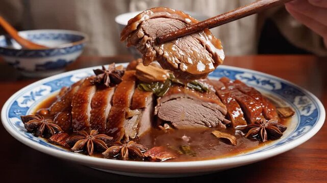 A delicious plate of traditional braised duck served with star anise and savory sauce.