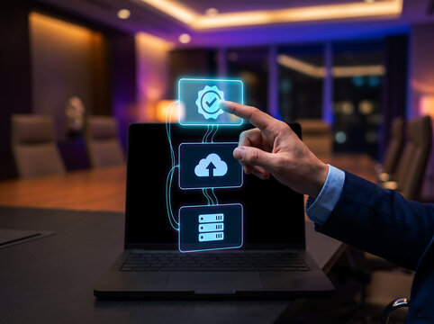 Businessman touching holographic screen with cloud, server and checkmark icons, technology concept.