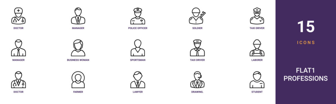 Set of 15 outline web Flat1 Professions icons such as student, drawing. Illustration from professions collection.., lawyer, farmer, doctor, laborer, taxi driver vector icons for report,