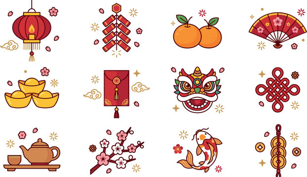 Chinese New Year Icon Set Featuring Traditional Lantern Firecrackers Red Envelope Lion Dance Koi Fish Mandarin Orange and Gold Sycee Vector Illustration