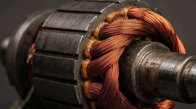Close up view of an electric motor rotor with copper windings.