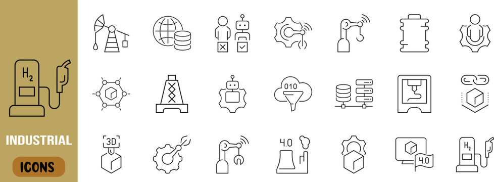 Industry 40 technology vector icons. robot arm icon set, 3d printer icon set, server icon set