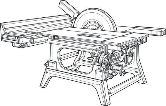 Table saw vector outline, industrial woodworking machinery blueprint icon for carpentry workshop equipment