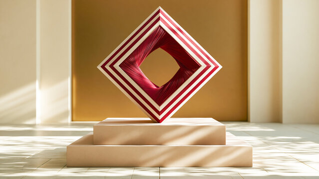 Abstract red and white geometric diamond sculpture on beige step podium stage with sunlight shadows. Minimalist product display background
