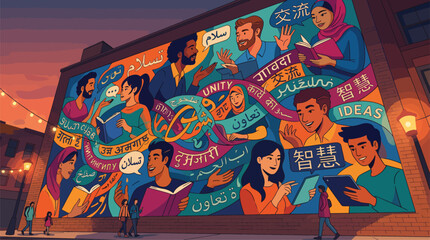 Diverse Global Community Mural Inspiring Connection and Communication with Multilingual Text and People, symbolizing unity, ideas, and learning in ... © Zayn Bruneix