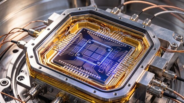Close up of advanced quantum computer processor chip inside cryogenic cooling chamber, gold plated superconducting circuits, high tech laboratory equipment for scientific resear...